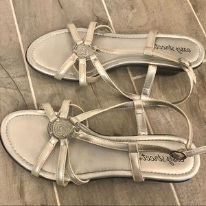 Elegant Silver Metallic Ankle Strap Wedges, WIDE